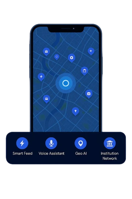 The DsmartCity app showing opportunities as pins on a city map, with Smart Feed, Voice Assistant, Geo AI and Institution Network features